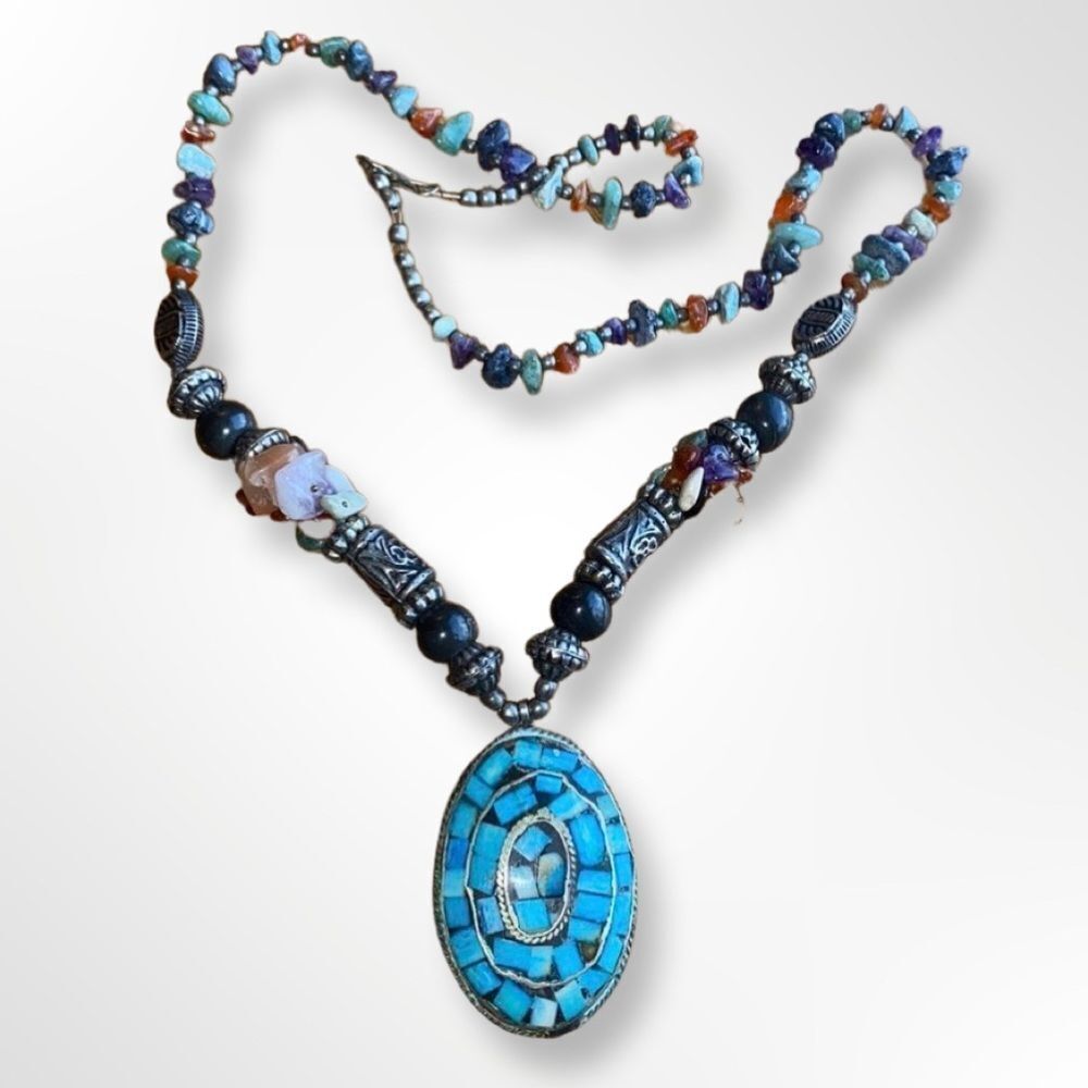 Tibetan Tribal Multi Semi Precious Stone with Turquoise Inlay Pendant Necklace